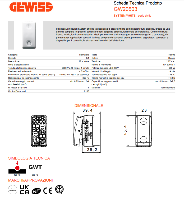 Gewiss System interruttore bipolare 250V ac - 16A GW20503 Gewiss System interruttore bipolare 250V ac - 16A GW20503